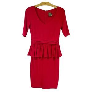 Taylor Women's Size 6 Red V-Neck Sheath Dress Peplum Ruche 3/4 Sleeve